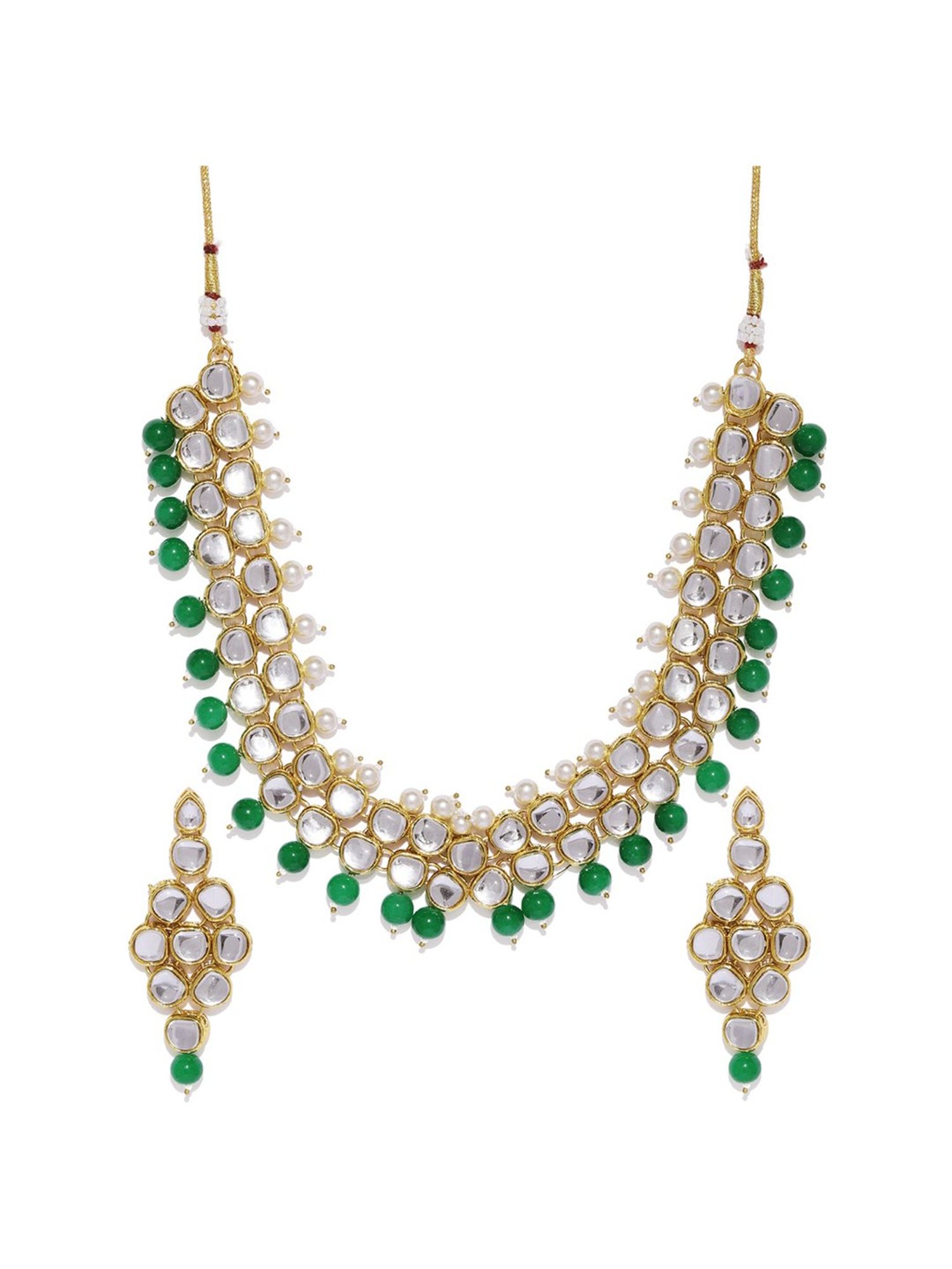 Zaveri Pearls Kundan & Green Beads Elegant Necklace & Earring Set-ZPFK9171