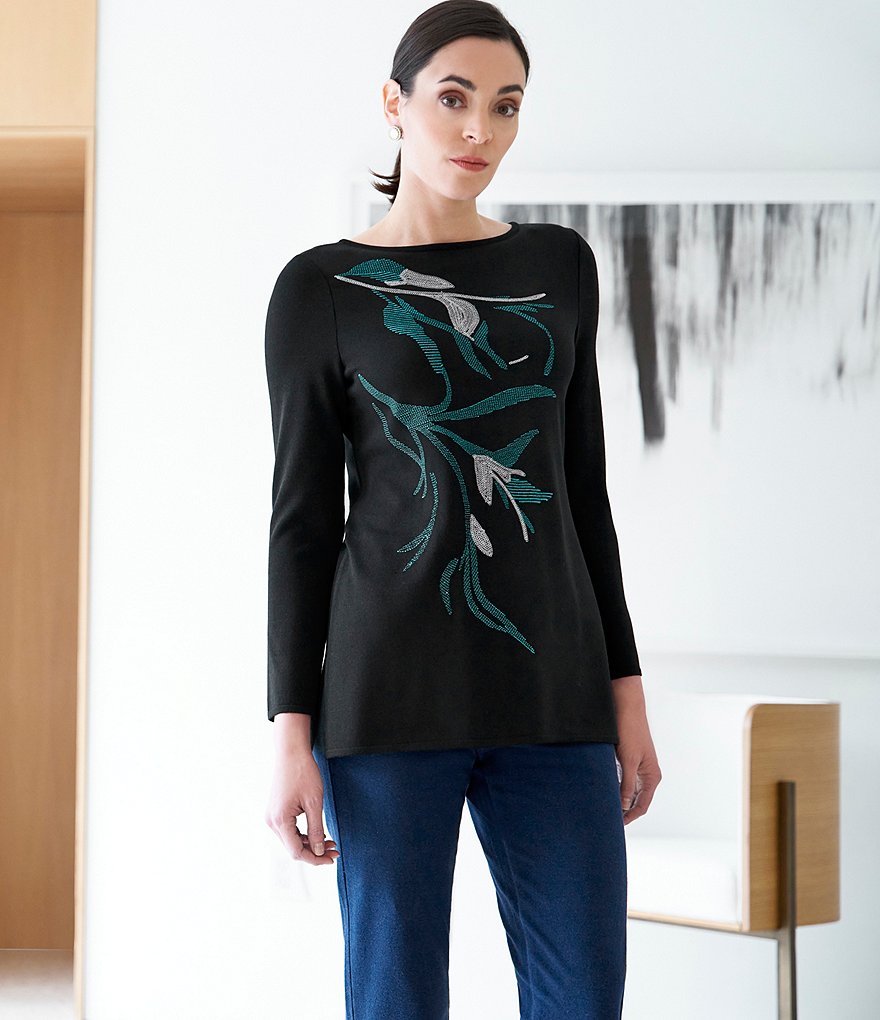Ming Wang Floral Embroidery Long Sleeve Boat Neck Knit Tunic