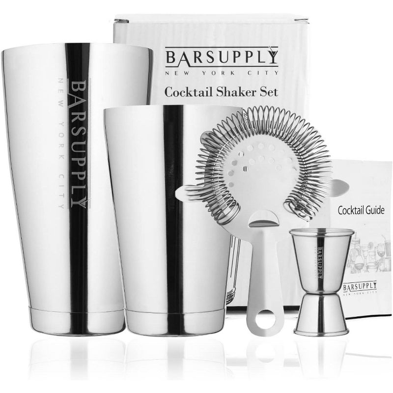 Boston Cocktail Professional  Shaker Set, 4-Piece Bar Set, Stainless Steel 304, 28oz/18oz Weighted Shaker Tins, Hawthorne Strainer, Double Sided Jigger, Recipe Booklet, Bartender Kit - Silver