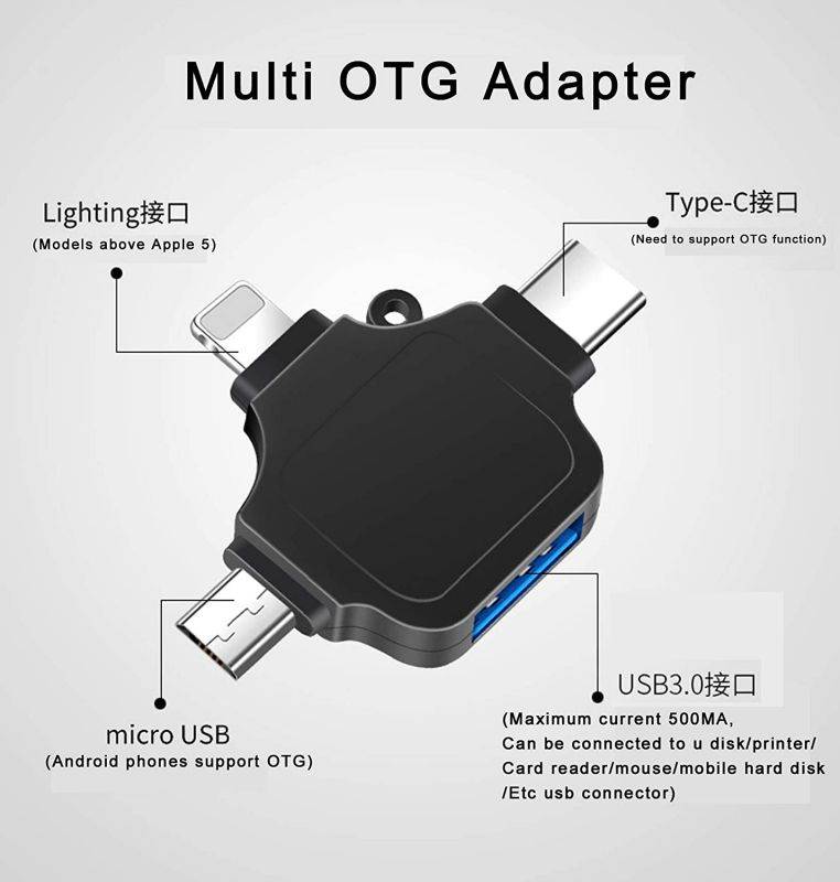 OTG Adapter, Compatible with Android/iPhone/iPad, Lightning/USB Type-C/Micro-USB to USB Camera Adapter for SD TF Card Reader, Keyboard, Mouse, U Disk, USB Flash Drive Silver
