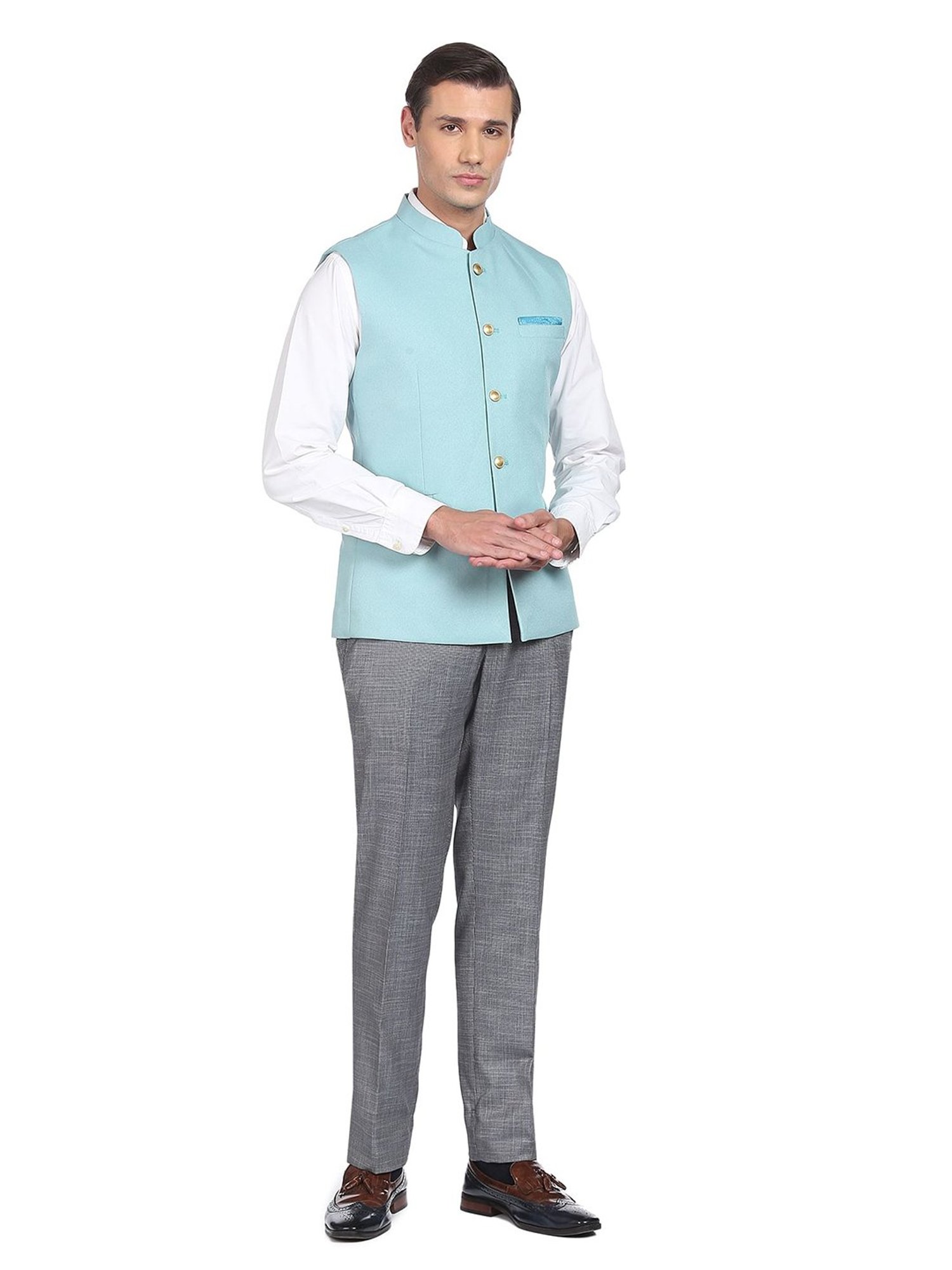 AD by Arvind Aqua Mandarin Collar Nehru Jacket