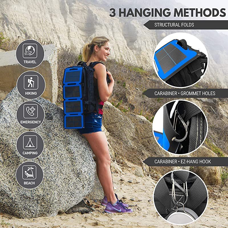 5V 7.6W Portable USB Charger Waterproof Foldable Camping Travel Charger with 2 USB Compatible w/Most Small USB Devices- Smartphones, Tablets, GPS, Power Banks, etc. (Blue)