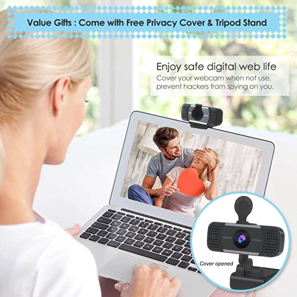 Webcam HD 1080p Business Web Camera, USB PC Computer Webcam with Microphone & Privacy Cover,Laptop Desktop Full HD Camera Video Webcam 110 Degree Widescreen, Plug and Play for Laptop MAC PC, WC60
