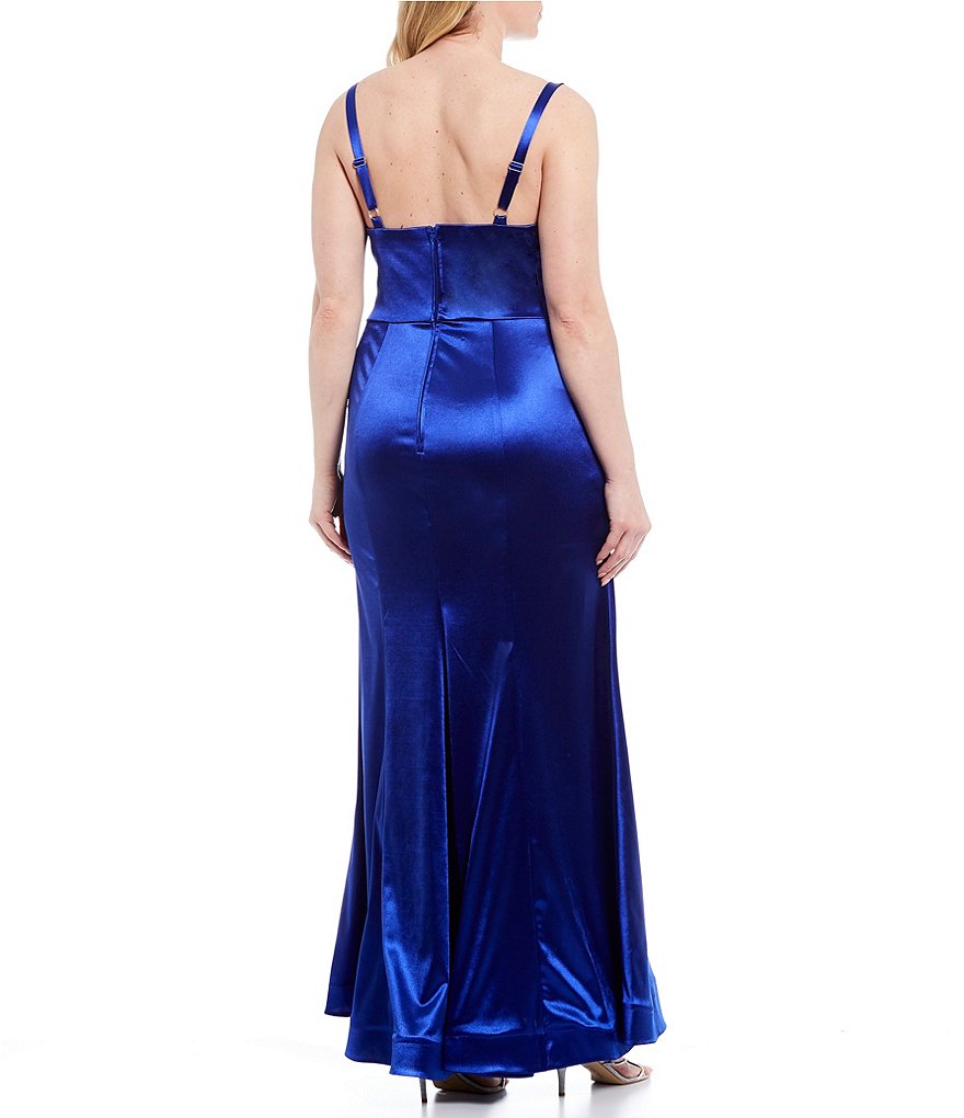 Teeze Me Plus Spaghetti Strap Surplice V-Neck Satin Sheath Long Dress