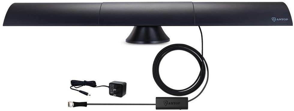 ANTOP HDTV Antenna 65 Miles Range Smartpass Amplified Digital TV Antenna Indoor with 10ft Detachable Coaxial Cable, Multi-Directional Reception and Built-in 4G LTE Filter (Black)