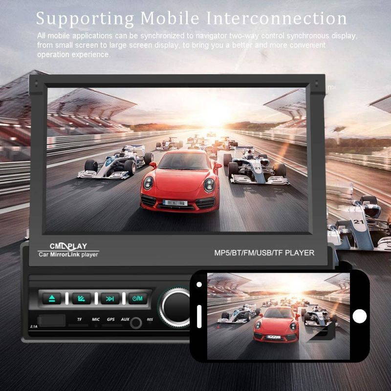 Single Din Car Stereo Navigation Car Radio 7" Motorized Touch Screen Bluetooth Head Unit Support GPS/FM Radio/AUX-in/USB/SD/Android iOS Mirror Link + 12 IR Car Backup Camera + Wireless Remote