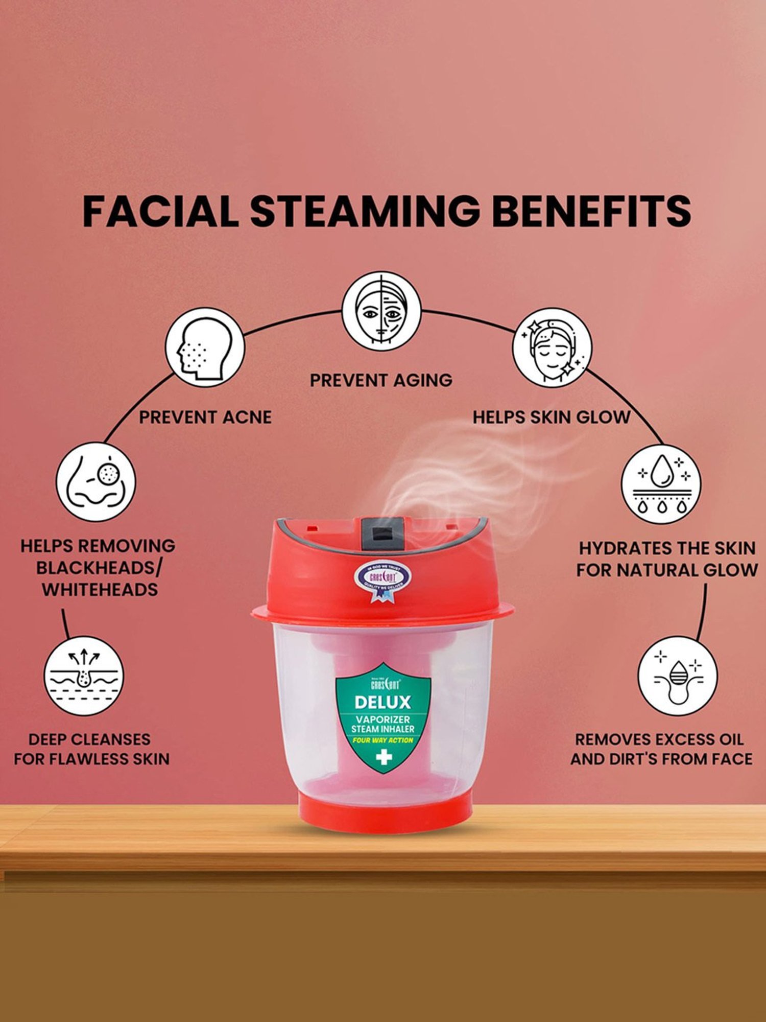 Crescent Delux Facial Steamer Vaporizer for Cold & Cough, Separate Water Container (Red)