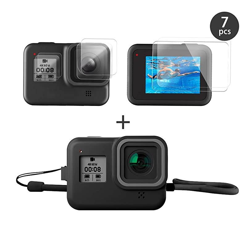 Accessories Kit for GoPro Hero 8 Black with Silicone Rubber Protective Case+Tempered Glass Screen Protector+Tempered Glass Lens Protector+Small Display Film Bundle for for Go Pro Hero8