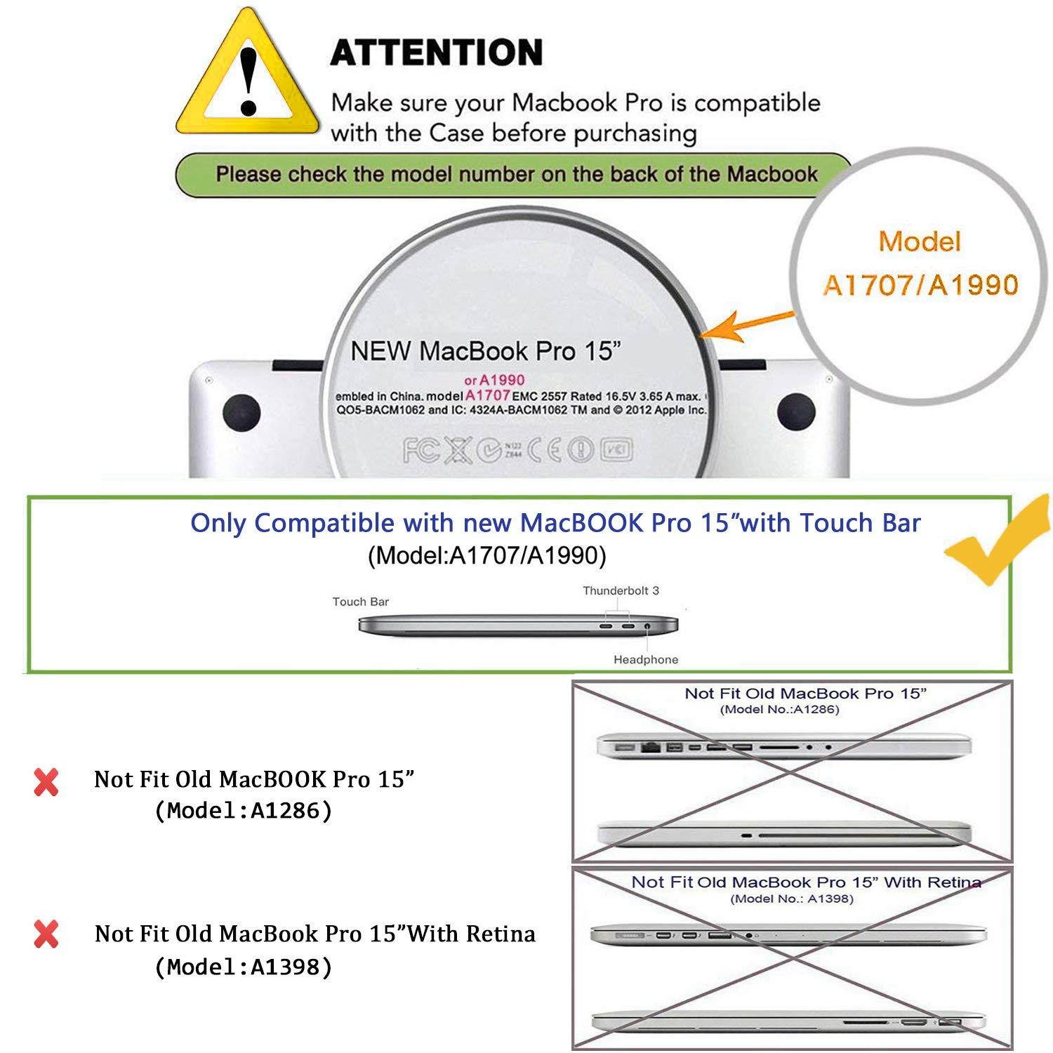 KEC Laptop Case for MacBook Pro 15" (2018/2017/2016) w/Keyboard Cover Plastic Hard Shell A1990/A1707 Touch Bar (Black Grey Marble)