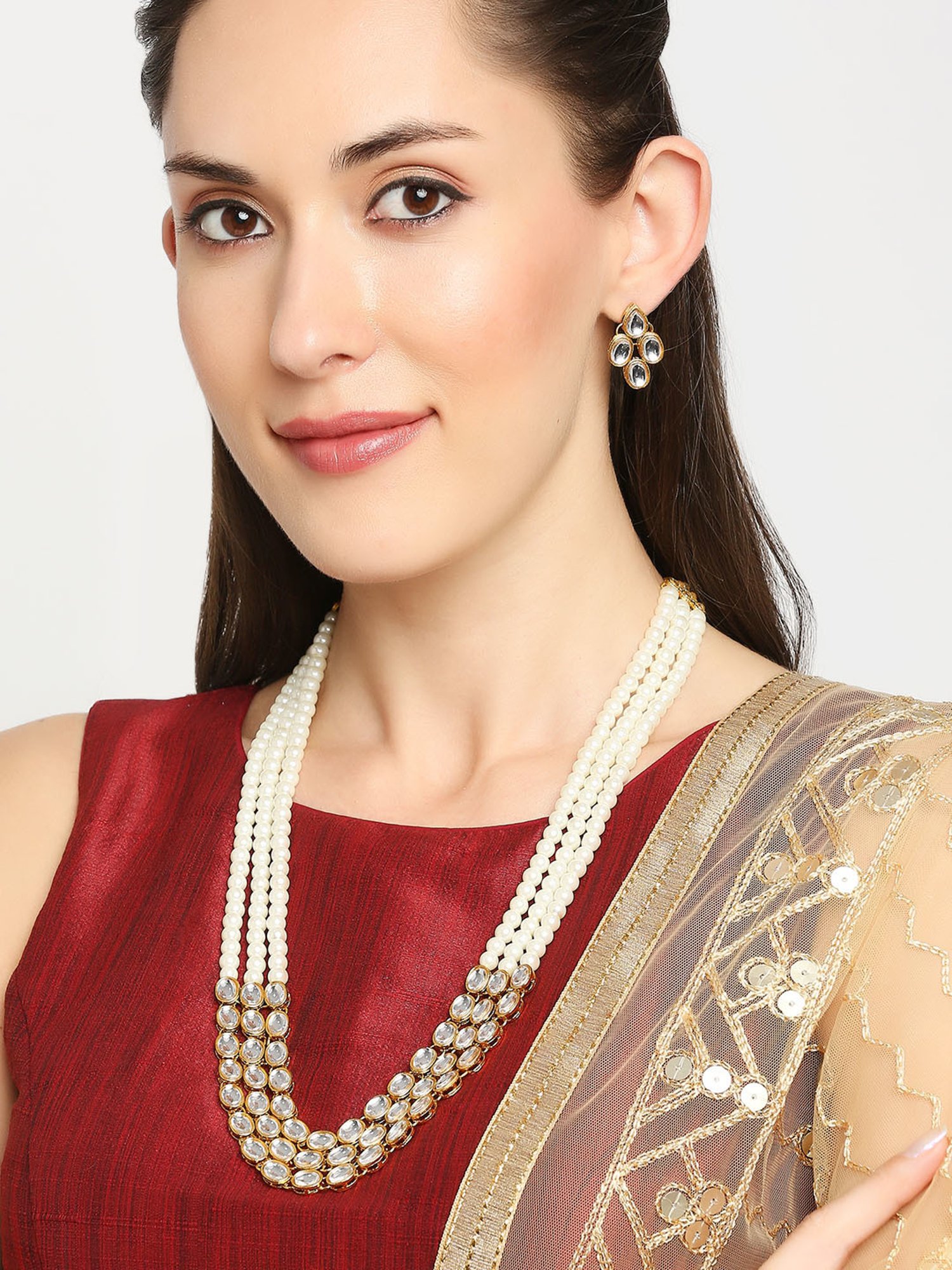 OOMPH White Pearls & Kundan Ethnic Mala Long Necklace Set with Drop Earrings