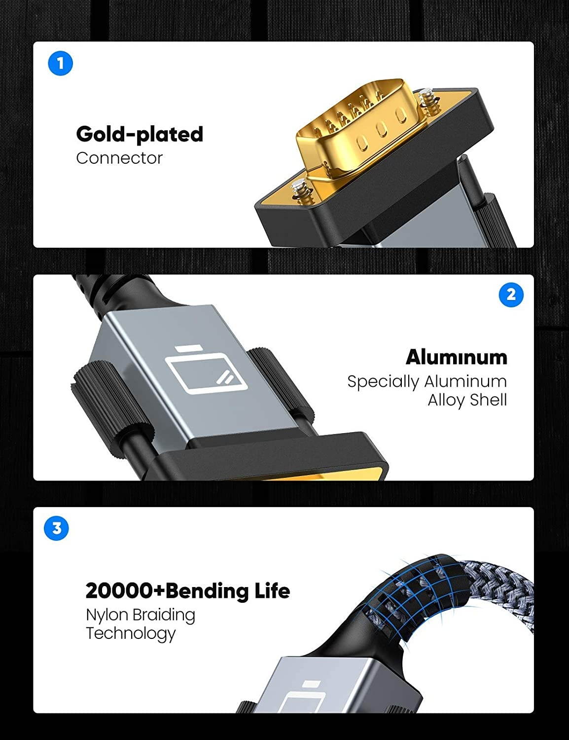 VGA CableCapshi VGA to VGA Cable 3ft Nylon Braided Reinforced Aluminum Shell 24k Gold-Plated Support 1080P Full HD with 15 pin VGA Port Compatible for ProjectorMonitor or Any VGA Devices