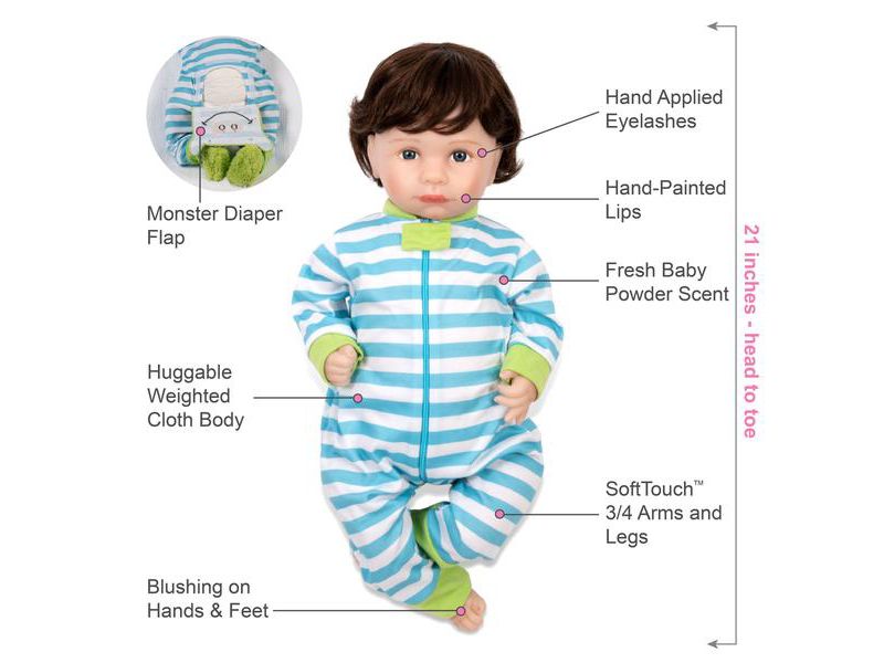 Paradise Galleries Reborn Toddler Boy - Cuddle Monster, Magnetic Mouth - 21 inch in SoftTouch Vinyl, 7-Piece Doll Gift Set