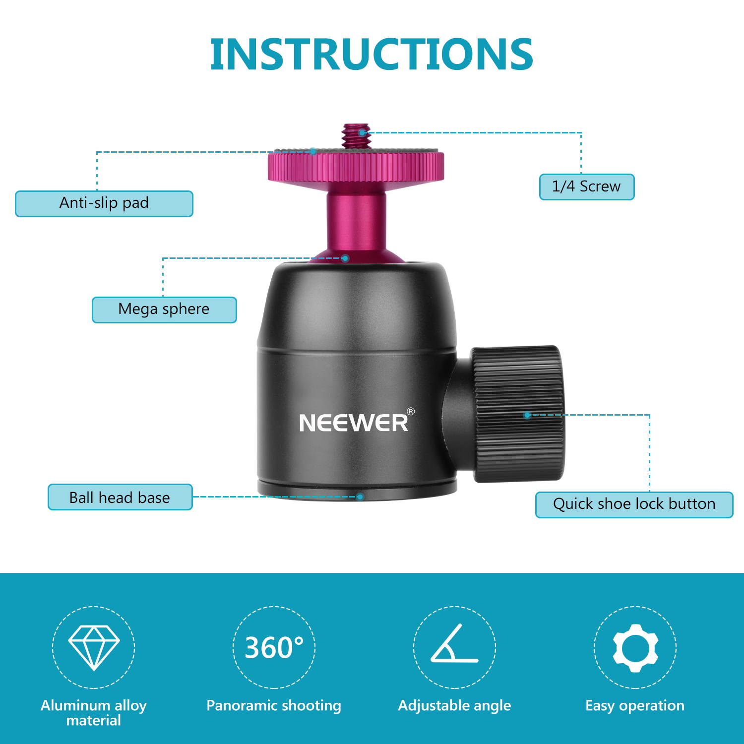 Neewer Camera Tripod Ball Head 360 Degree Pan 90 Degree Tilt Rotating Panoramic Ballhead with 1/4 inch Screw for DSLR Cameras Camcorders Tripods Monopods Slider, Load up to 11 pounds/5 kilograms