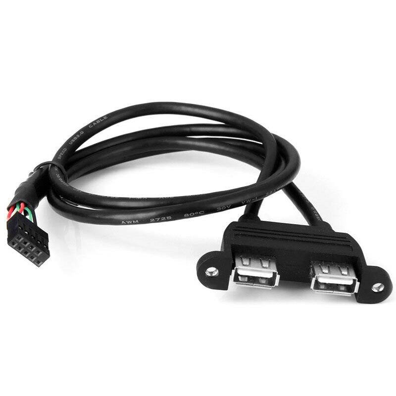 0.5M Dual USB2.0 A Type Female to Motherboard 9 Pin Black Header Cable with Screw Panel Holes