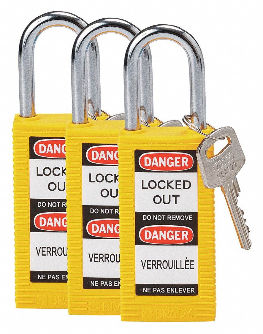 Lockout Padlock,KA,Yellow,3"H,PK3 BRADY 123417