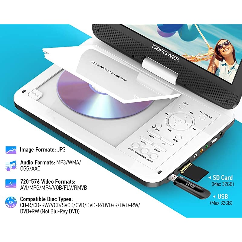 12 Portable DVD Player with 5Hour Rechargeable Battery 10 Swivel Display Screen SD Card Slot and USB Port with 18 Meter Car Charger and Power Adaptor Region FreeWhite