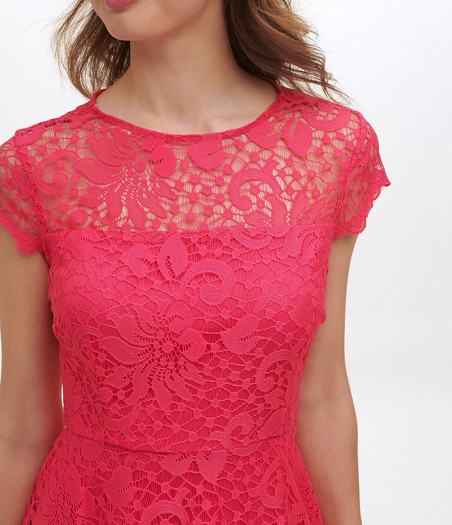 Kensie Illusion Crew Neck Cap Sleeve Lace A-Line Scallop Hem Dress