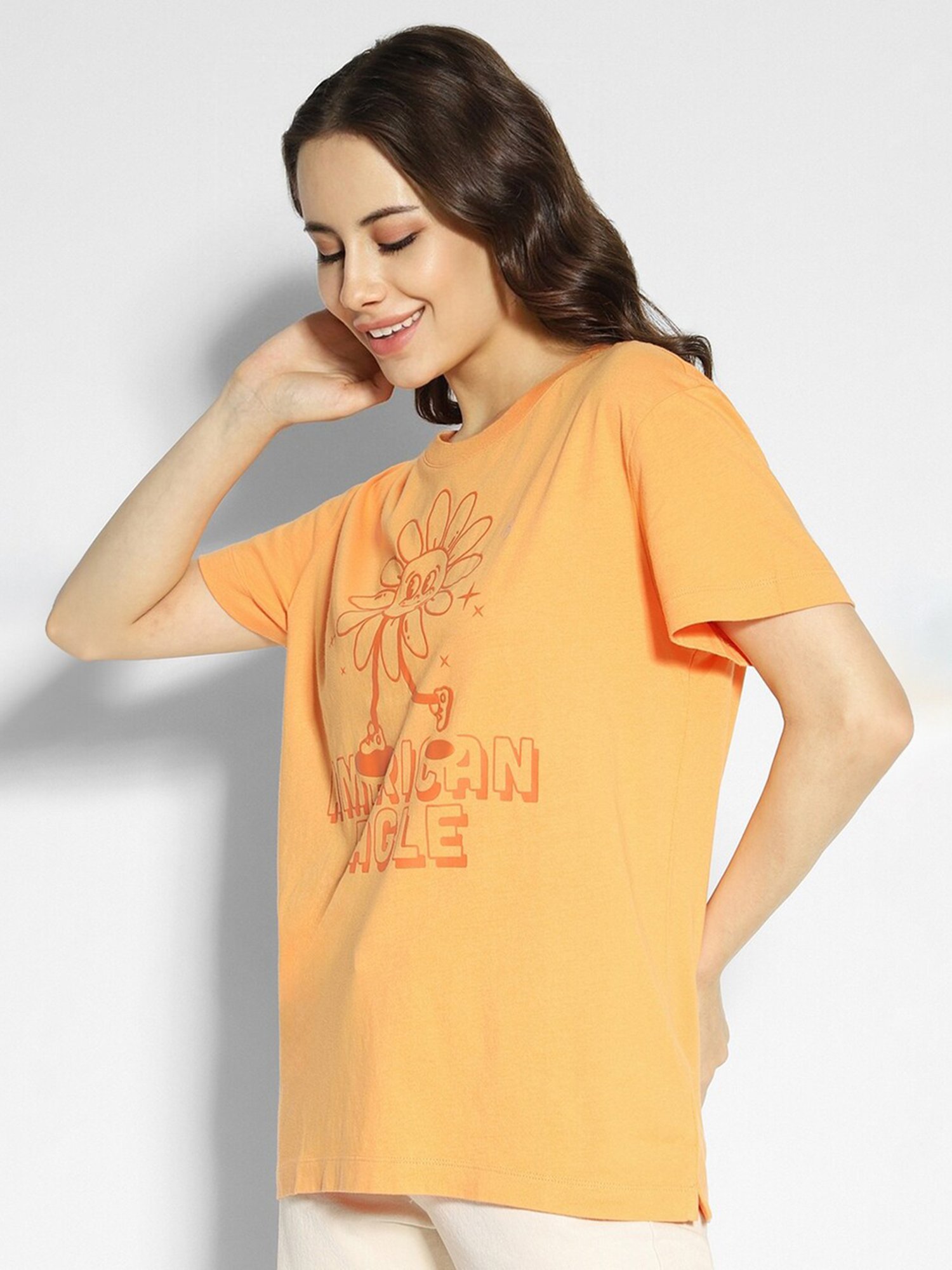 American Eagle Outfitters Orange Cotton Graphic Print Oversized T-Shirt