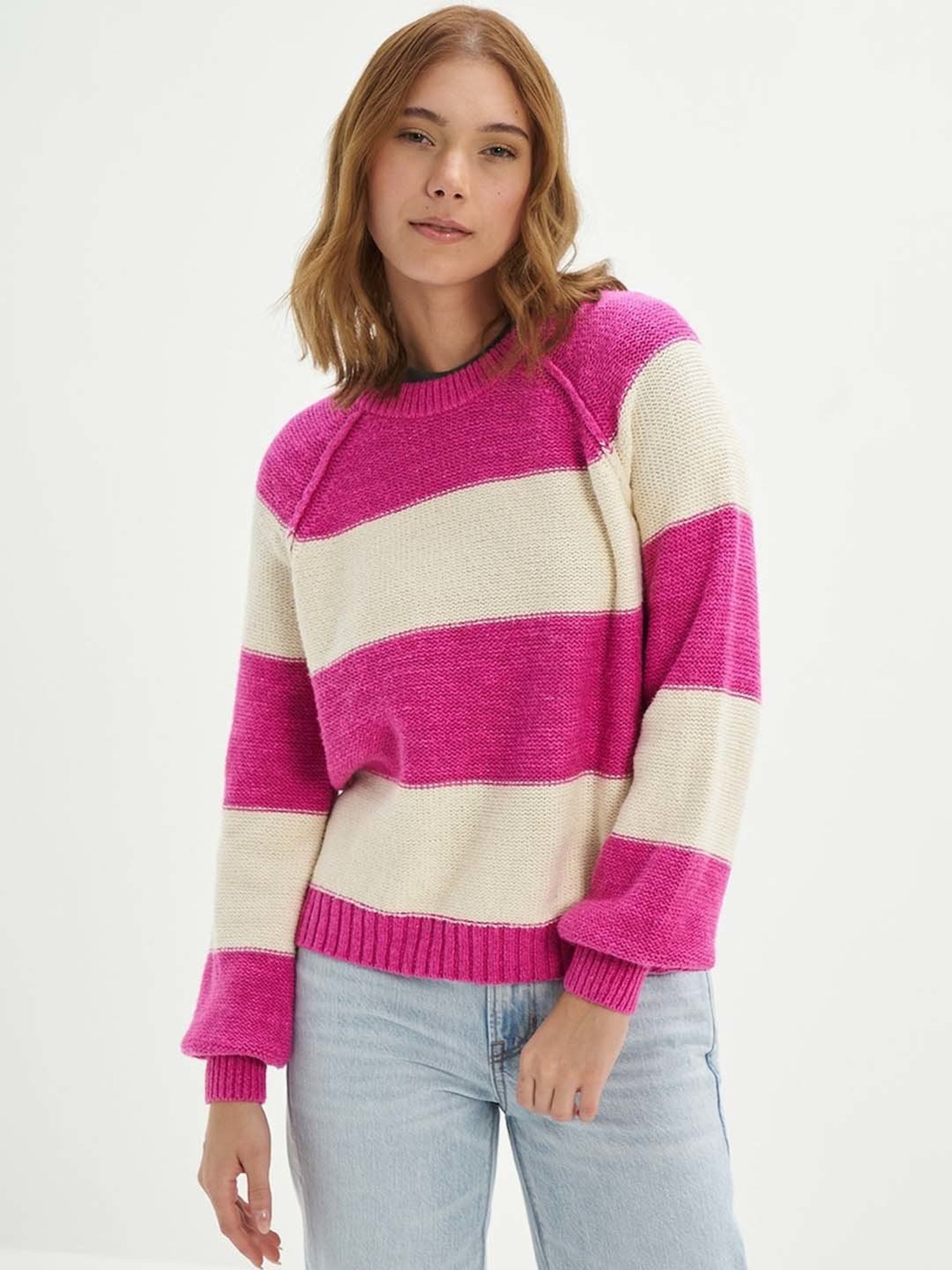 American Eagle Outfitters Pink & Cream Cotton Color-Block Sweater