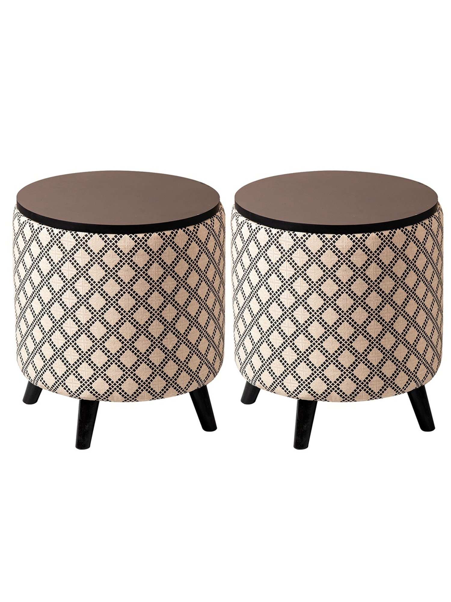 Nestroots Printed Beige Cotton 4 Leg Pouf Pouffe Criss Cross Storage Ottoman - Set of 2