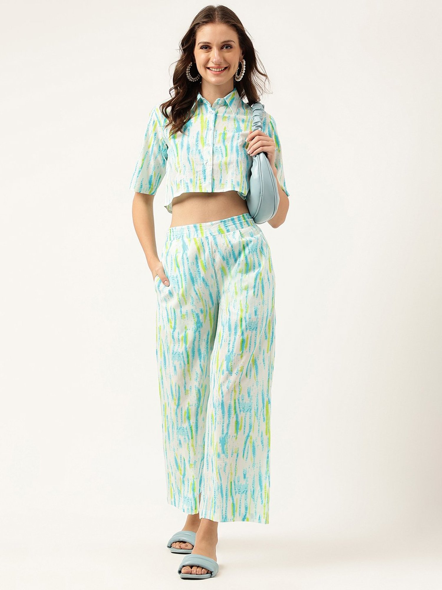 Divena White Cotton Tie Dye Crop Shirt With Pants