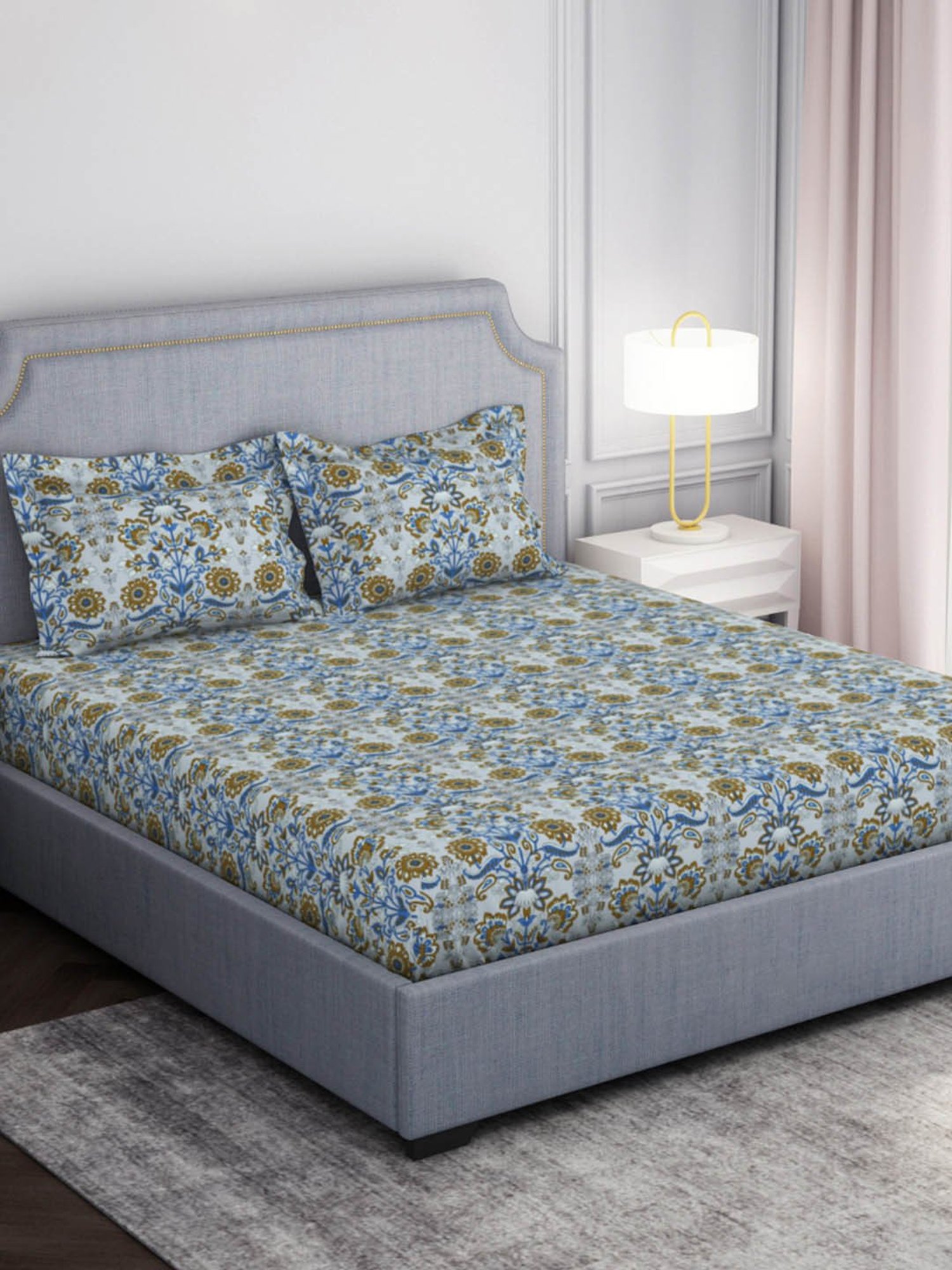 Welspun Adore Abstract Grey 105 TC Microfiber Double Bedsheet with 2 Pillow Covers