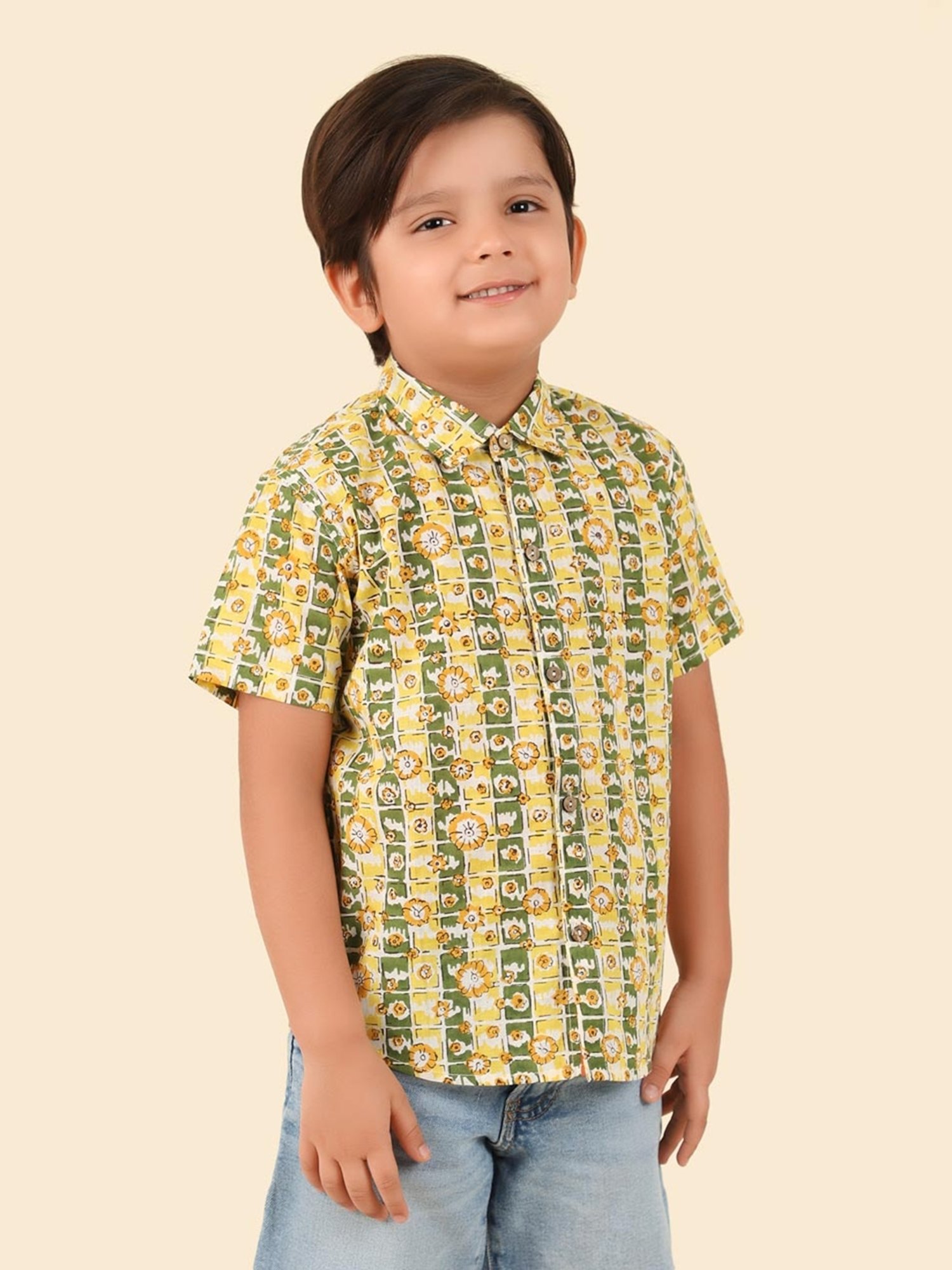 Fabindia Kids Green Cotton Hand Block Printed Shirt
