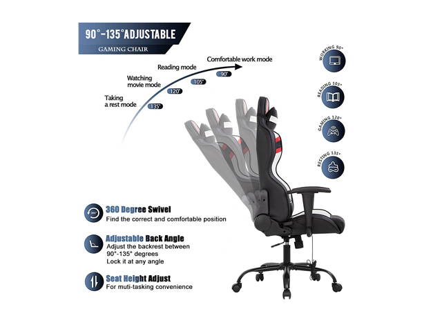 Gaming Chair Massage Office Chair Racing Computer Chair with Lumbar Support Headrest Armrest Task Rolling Swivel Ergonomic PU Leather Adjustable Desk Chair for Adults Gamer(Black)