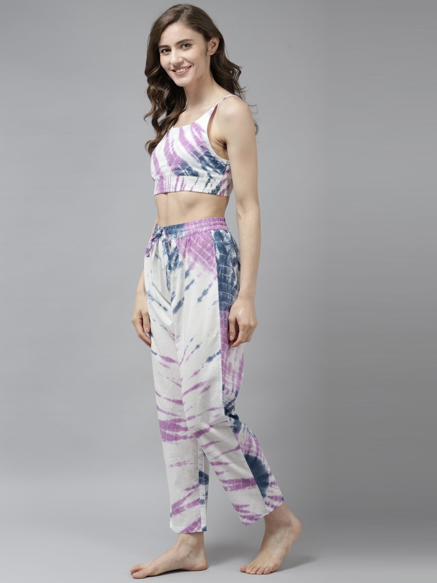 Prakrti White Cotton Printed Crop Top Pant Set