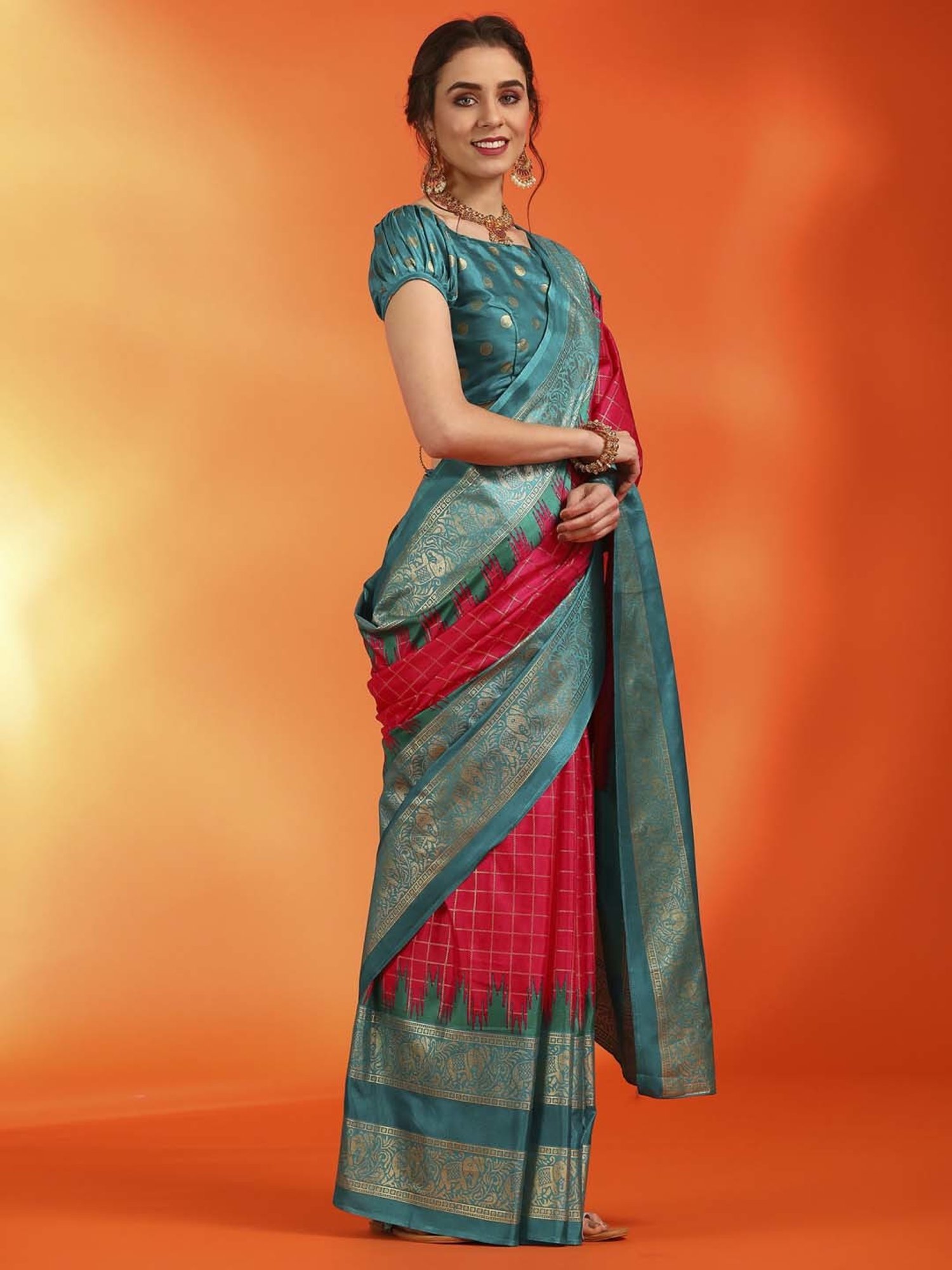 Saree Mall Pink & Blue Silk Printed Saree With Unstitched Blouse