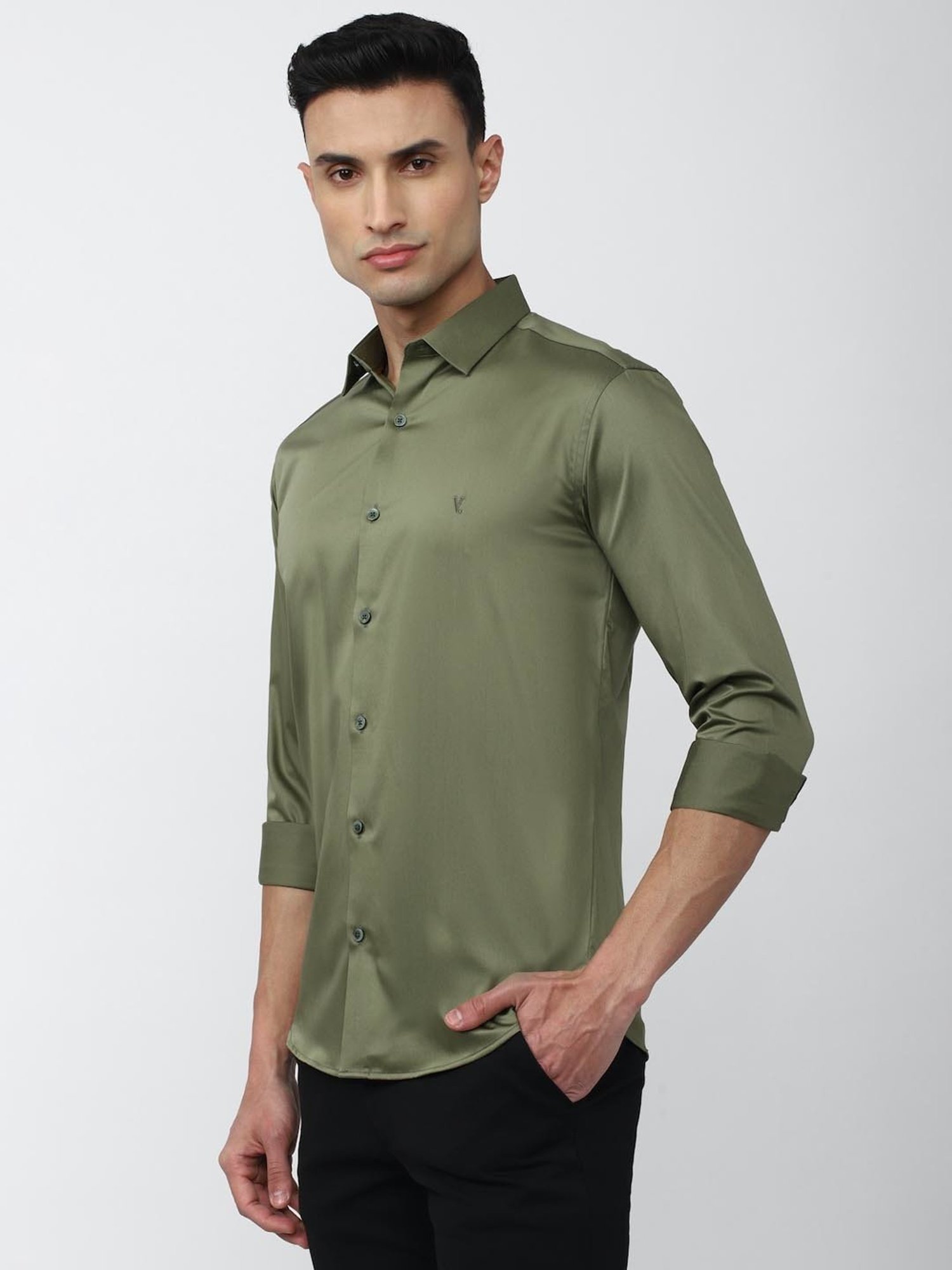 V Dot Green Cotton Slim Fit Shirt