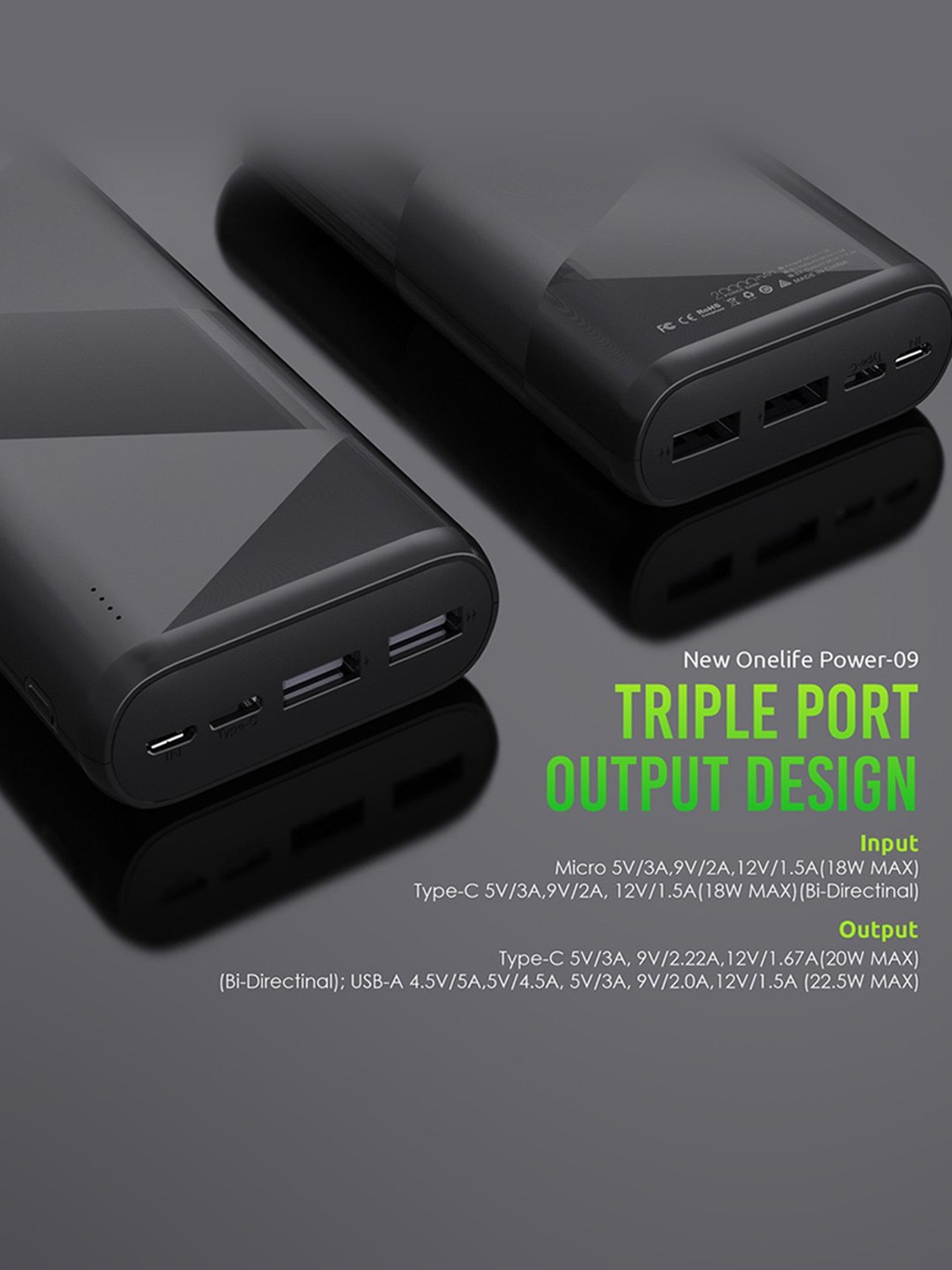 Onelife Power 09, 20000 mAh 22.5 Watt Quick Charge Power Bank (Black)