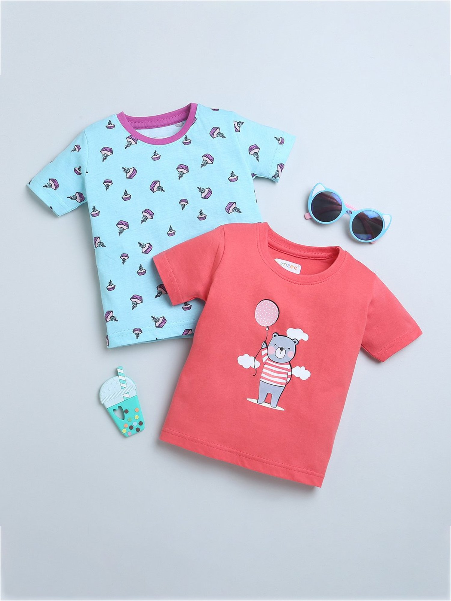 Bumzee Kids Coral & Green Printed T-Shirt (Pack Of 2)