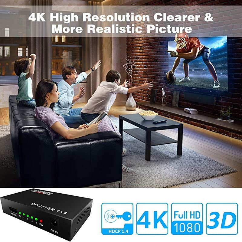 HDMI Splitter 1 in 4 Out V1.4 Powered 1x4 Ports Box Supports 4K@30Hz Full Ultra HD 1080P 3D Compatible with PC STB Xbox PS4 Fire Stick Roku Blu-Ray Player TV HDTV (1 Input to 4 Outputs)