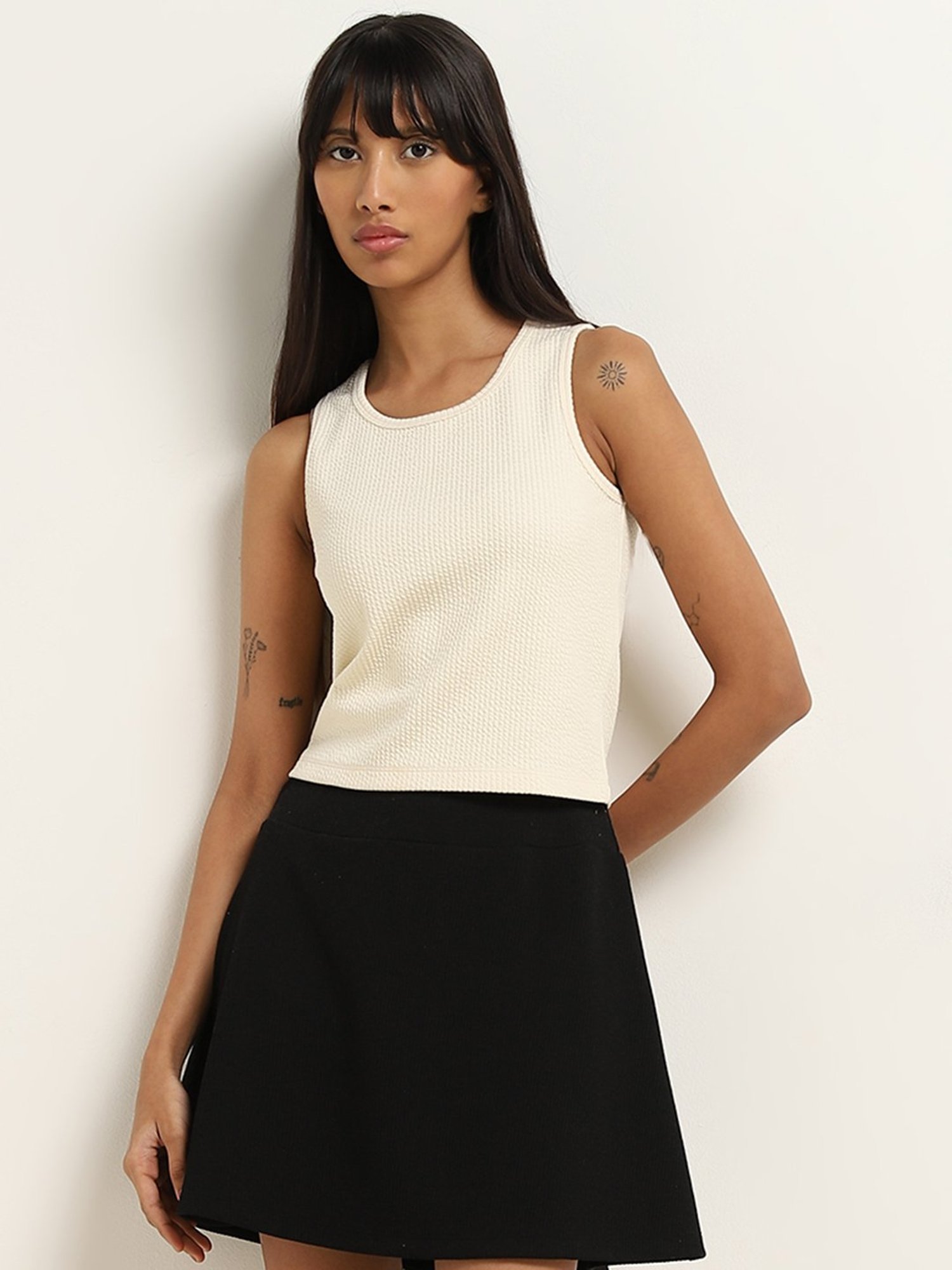 Studiofit by Westside Off-White Self-Textured Cotton Blend Tank Top