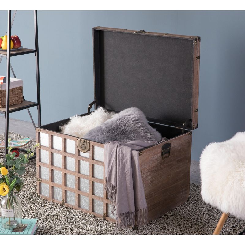 Vintiquewise Vintorary Wooden Rectangle Galvanized Metal Lined Storage Trunk, Large