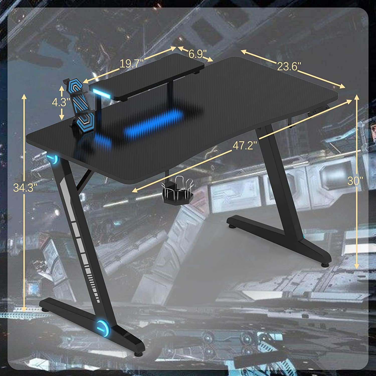 47.2 Inch Z-Shaped Gaming Desk Home Office Computer Desk Gamer Workstation with Monitor Stand Carbon Fiber Surface Gamer Table with RGB Lights Cup Holder Headphone Hook Plug Board Holder