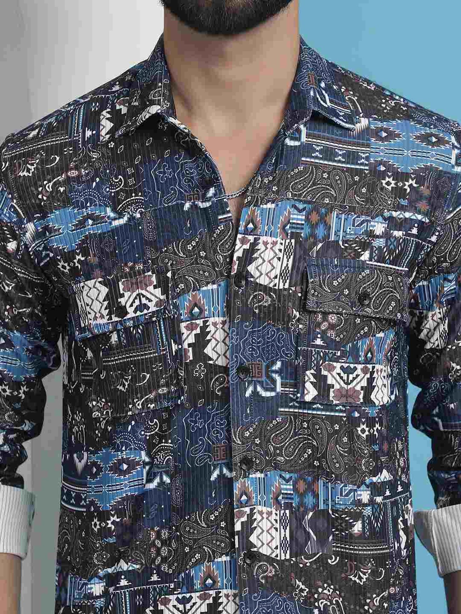 Indian Needle Navy Cotton Regular Fit Printed Shirt