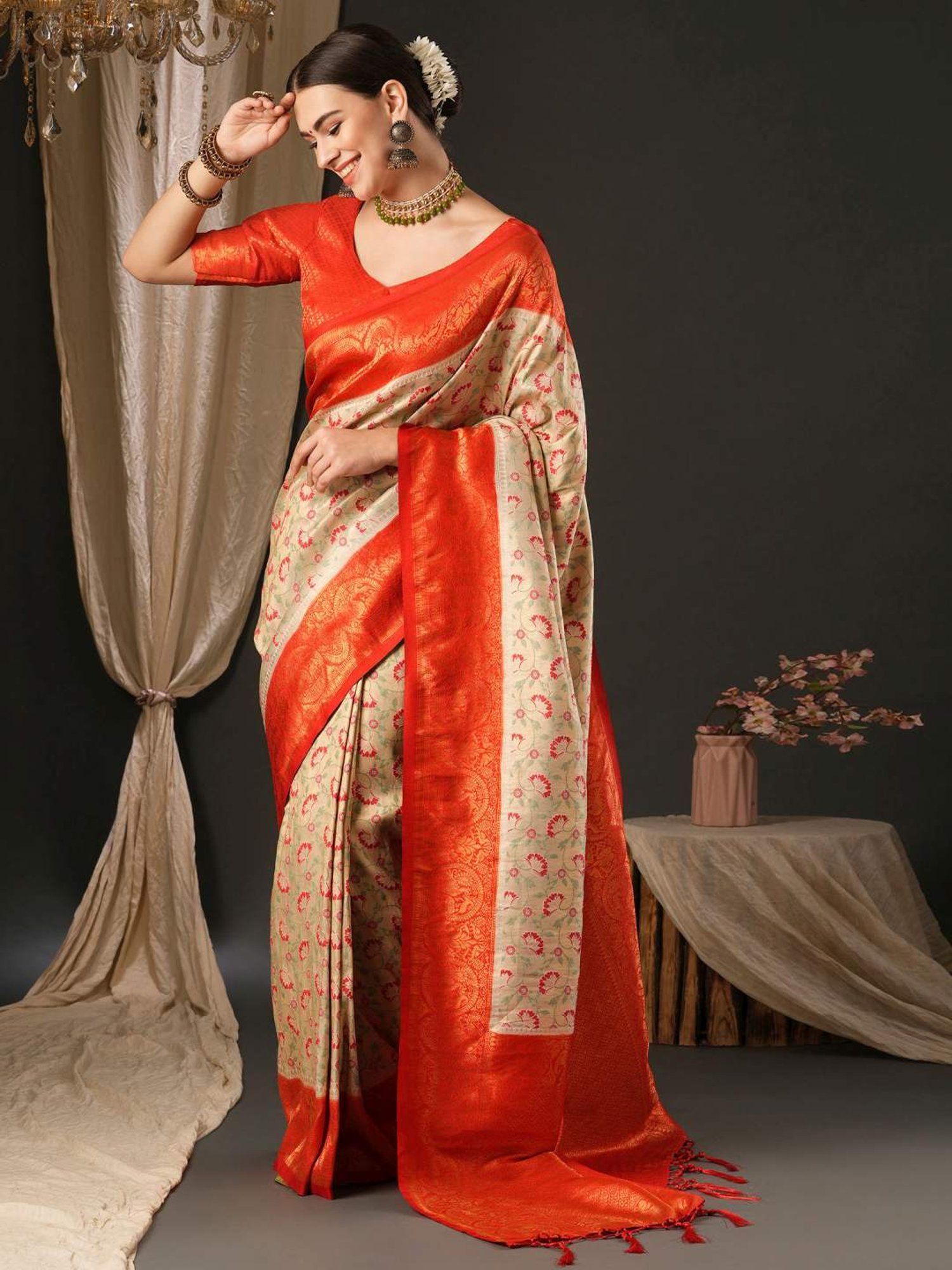 Saree Mall Beige & Orange Woven Saree With Unstitched Blouse
