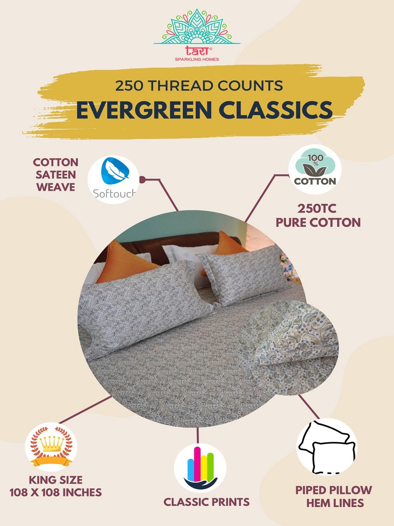 TARA Sparkling Homes Printed White 250 TC Cotton King Bedsheet With 2 Pillow Covers