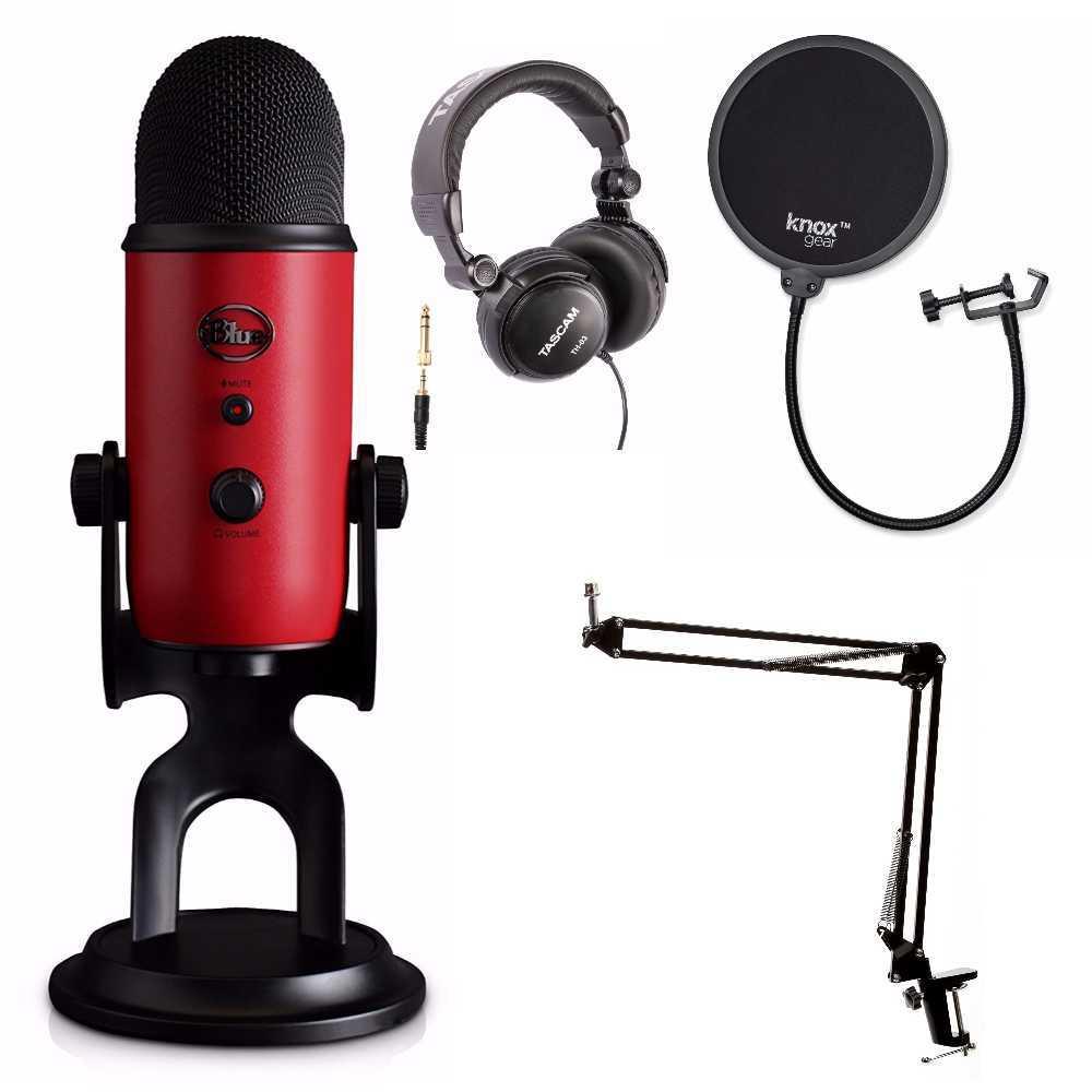 Blue Microphones Yeti Red USB Mic with Knox Boom Arm, Headphones and Pop Filter