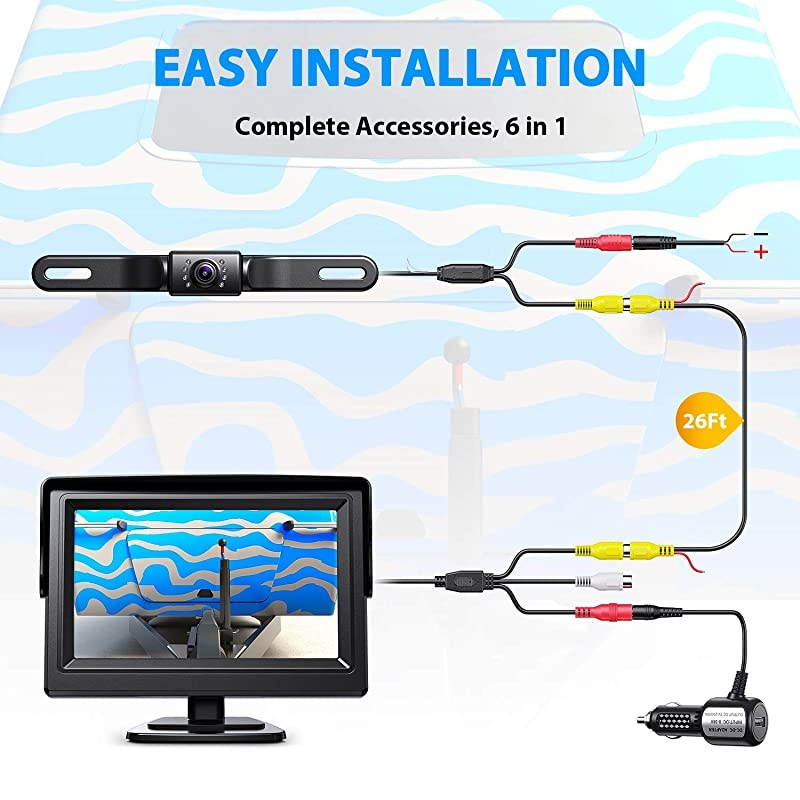 Backup Camera ERT01 with 4.3 inch Monitor License Plate Back Up Camera for Car Pickup Truck SUV Rear View Camera Backing Reverse Camera Crystal Clear Image IP69 Waterproof Nice Night Vision