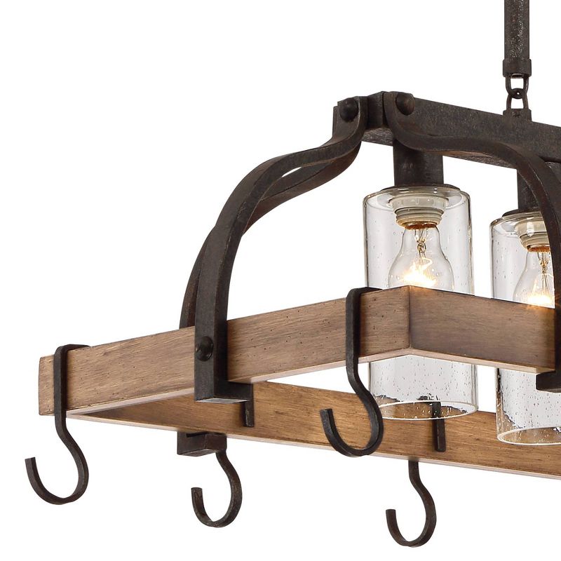 Franklin Iron Works Bronze Wood Pot Rack Linear Pendant Chandelier 36 1/2" Wide Rustic Farmhouse Seeded Glass 4-Light for Kitchen