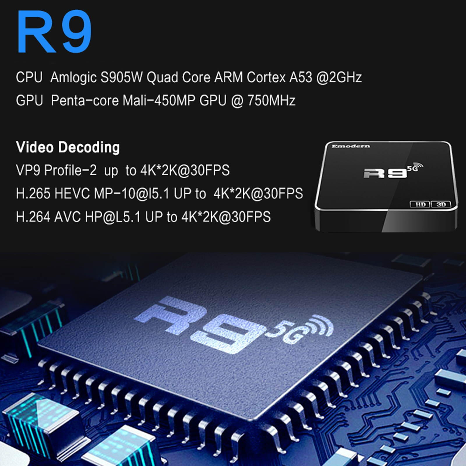 R9 4K Media Player TV Box Android 9.0 with Remote Control 2.4G/5G WiFi Digital TV Box Player Amlogic S905W Quad Core ARM Cortex A53 TV Set Top Box Support 4K 3D Media Player Support HD/AV/Optical Out