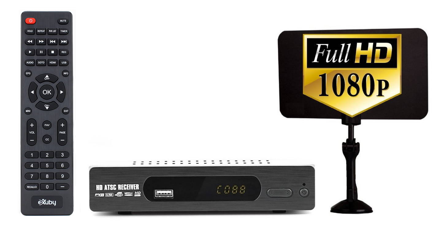 eXuby Digital Converter Box for TV w/ Flat Antenna for Recording and Viewing Full HD Digital Channels Free (Instant or Scheduled Recording, 1080P HDTV, HDMI Output, 7 Day Program Guide and LCD Screen)