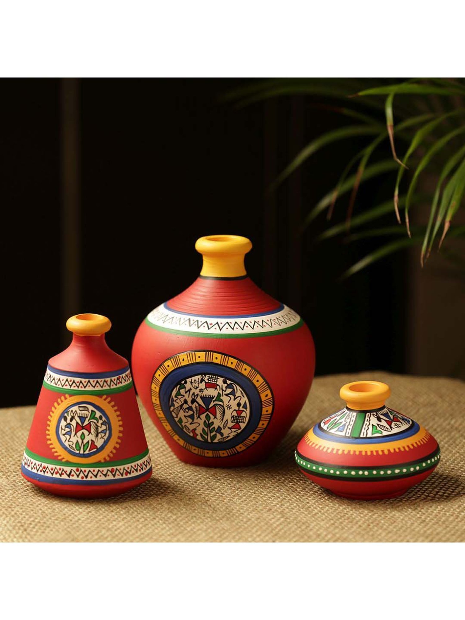 ExclusiveLane 'Warli Red Matkis' Hand-Painted Vases Combo In Terracotta (Set of 3)