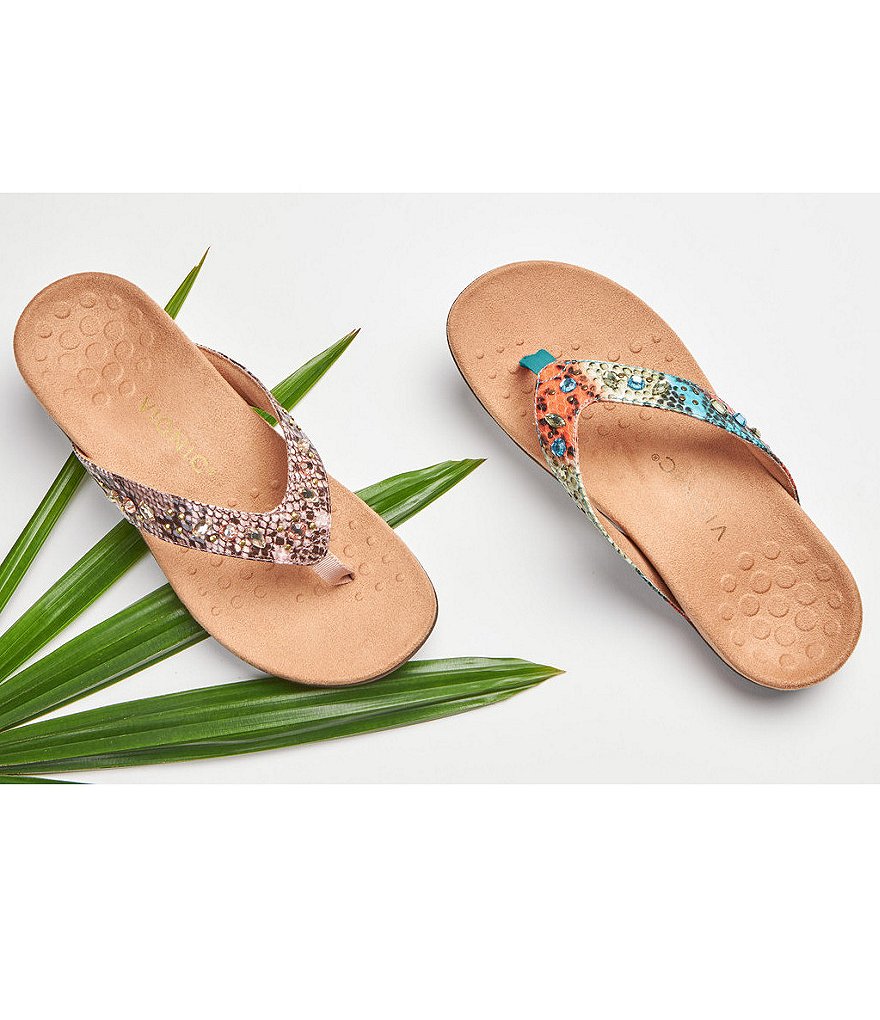 Vionic Lucia Snake Print Rhinestone Embellished Thong Sandals