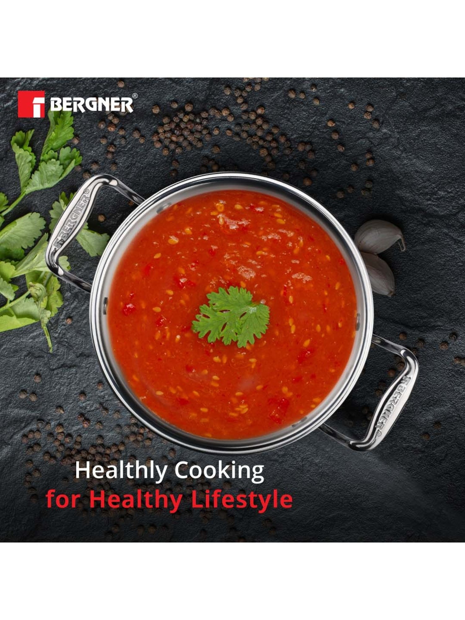 Bergner Triply Silver Stainless Steel Induction Base Casserole 20 cm diameter with Lid - Set of 1