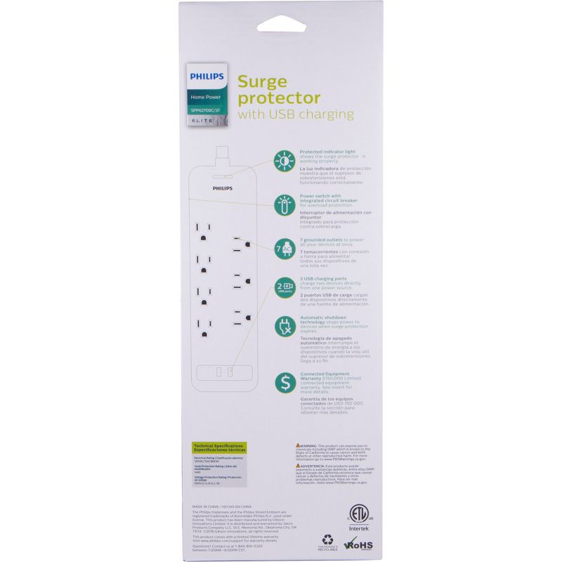 Philips 7-Outlet 2 USB Port Surge Protector with 4ft Extension Cord, Black