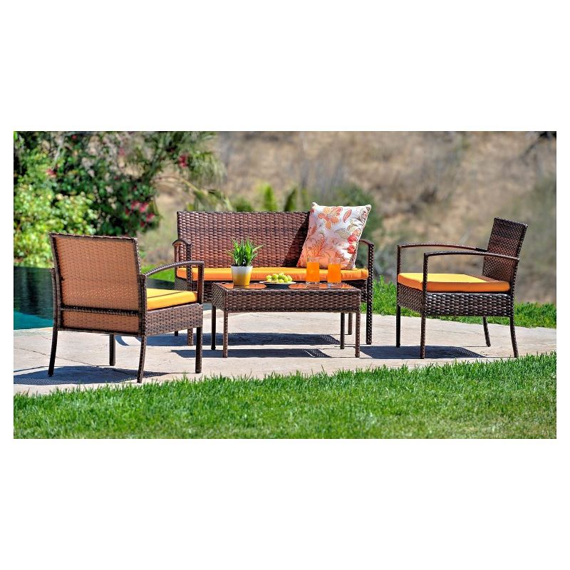 4pc Wicker Teaset - Dark Brown with Orange Cushions - Thy Hom